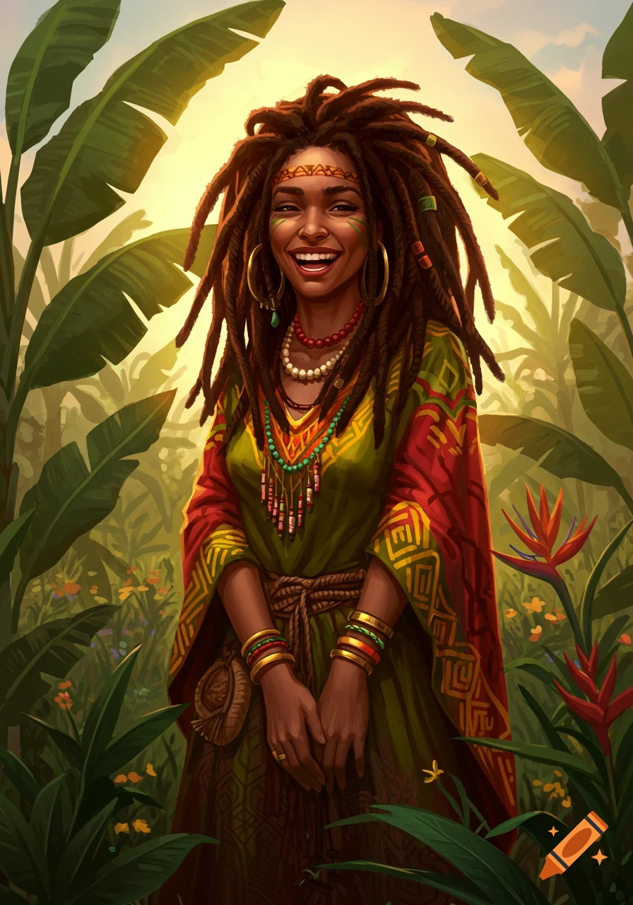 A smiling woman with dreadlocks, wearing a vibrant patterned dress and jewelry, stands in a lush jungle with banana leaves and exotic flowers.