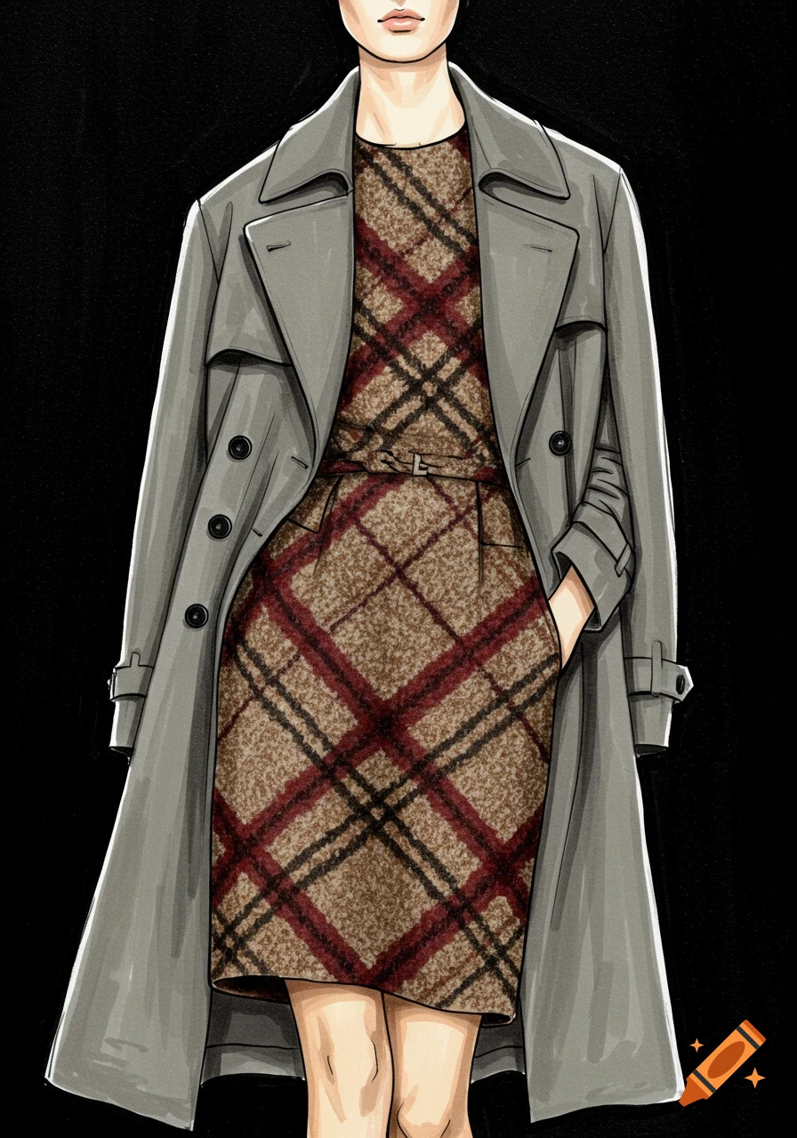Fashion illustration of a model in a gray trench coat over a brown and red plaid dress, with bare legs.