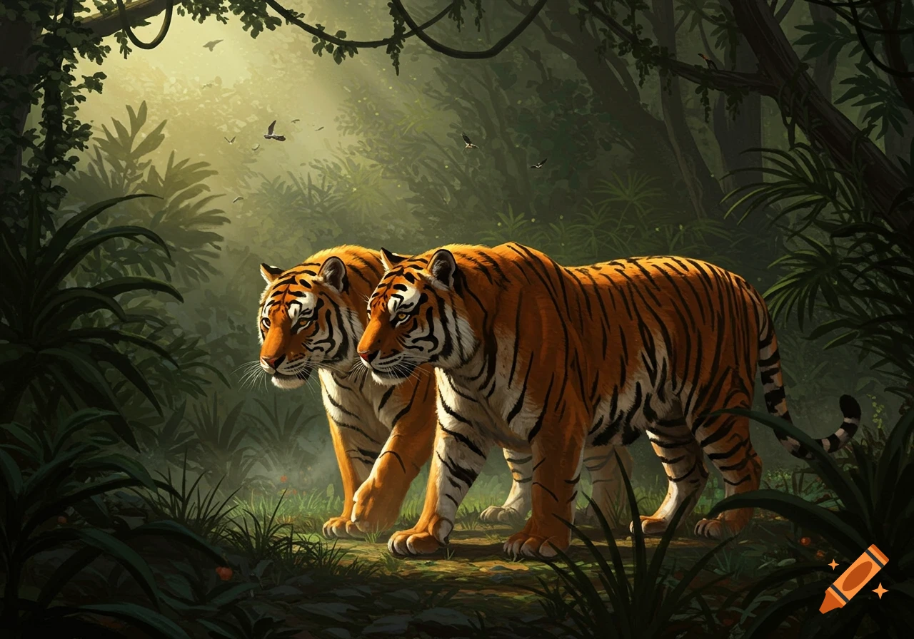 Two tigers walk side-by-side through a lush, sun-dappled jungle, with birds flying in the background.