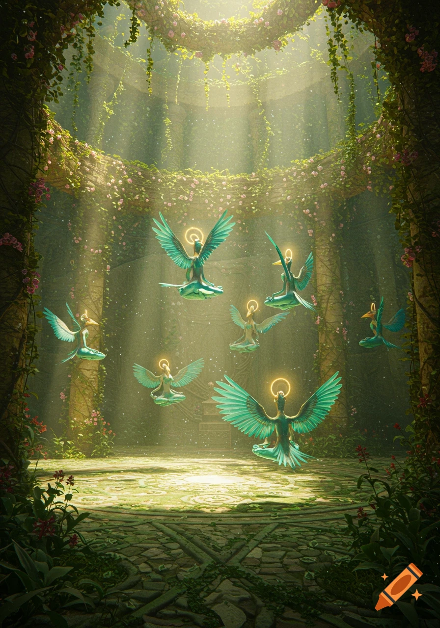 Several teal bird-like creatures with halos float and meditate in a sunlit, vine-covered ancient temple ruin.