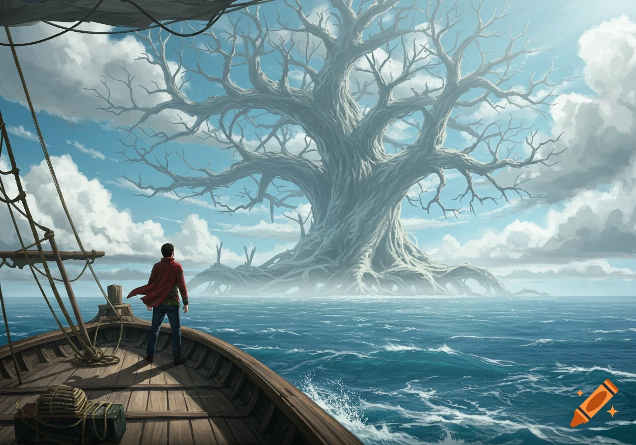 A man on a wooden ship stares at a colossal, gnarled tree dominating the horizon under a cloudy sky.