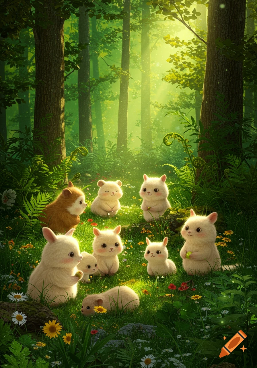 A group of cute, fluffy, cartoon-like creatures in a sunny, green forest setting with flowers and trees.