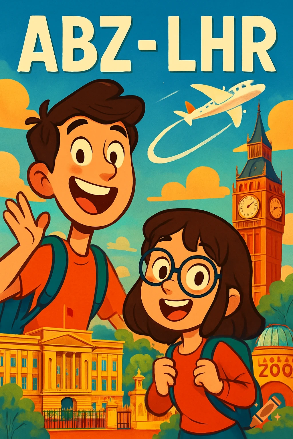 A cheerful cartoon poster for a London trip featuring two travelers, Big Ben, Buckingham Palace, an airplane, and 'ABZ-LHR'.