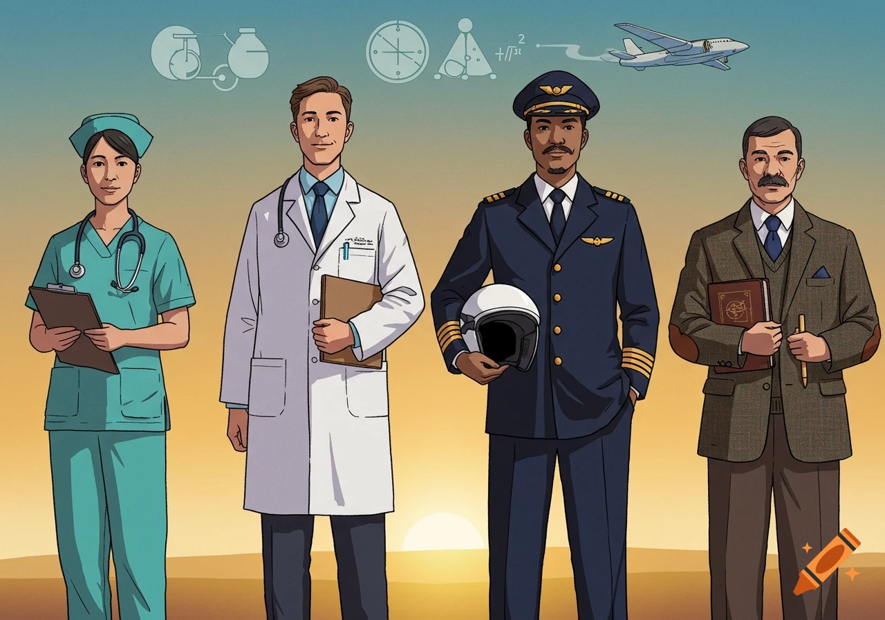 Illustration of a nurse, doctor, pilot, and professor standing together, with professional symbols in the sky.