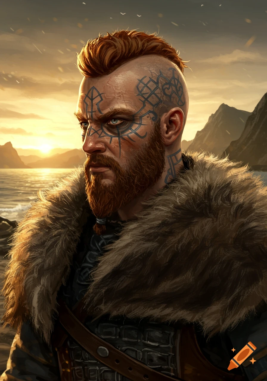 Detailed portrait of a red-haired Viking man with face and head tattoos, a mohawk, and fur cloak, overlooking a sunset sea and mountains.