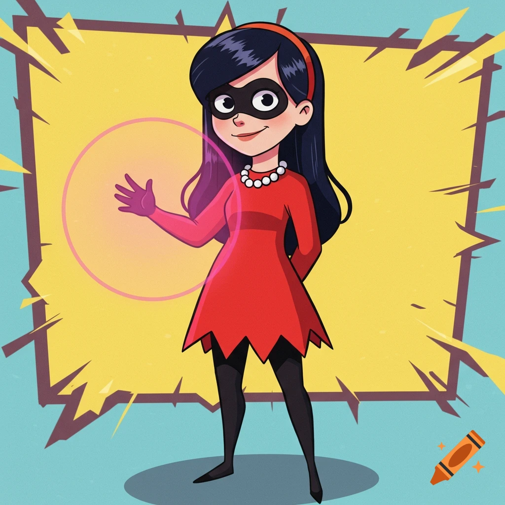 Cartoon illustration of Violet Parr in a red dress and black mask, with a glowing pink force field around her hand, against a yellow background.
