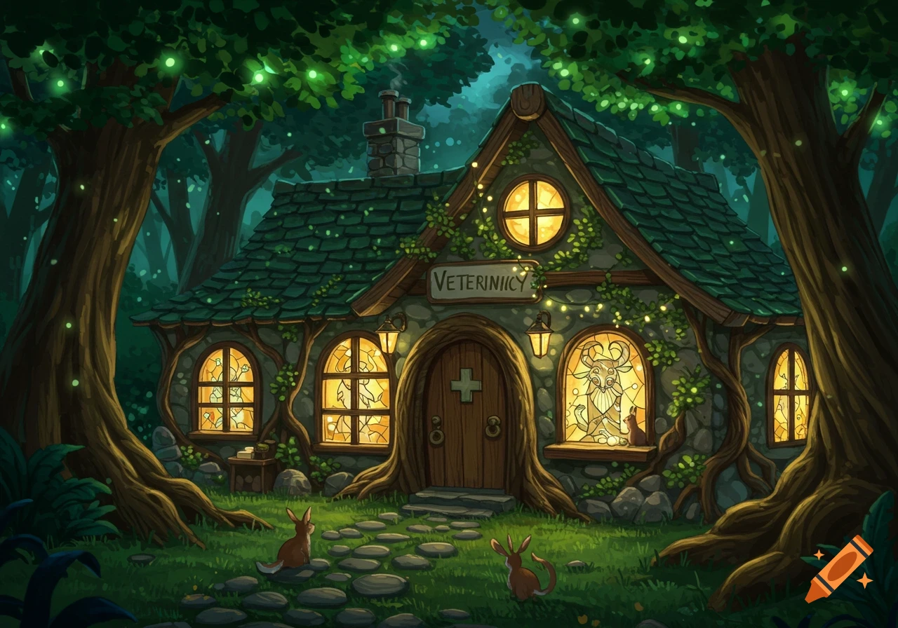 A whimsical fantasy woodland veterinary clinic at night, with glowing windows, fireflies, and two rabbits on a stone path.