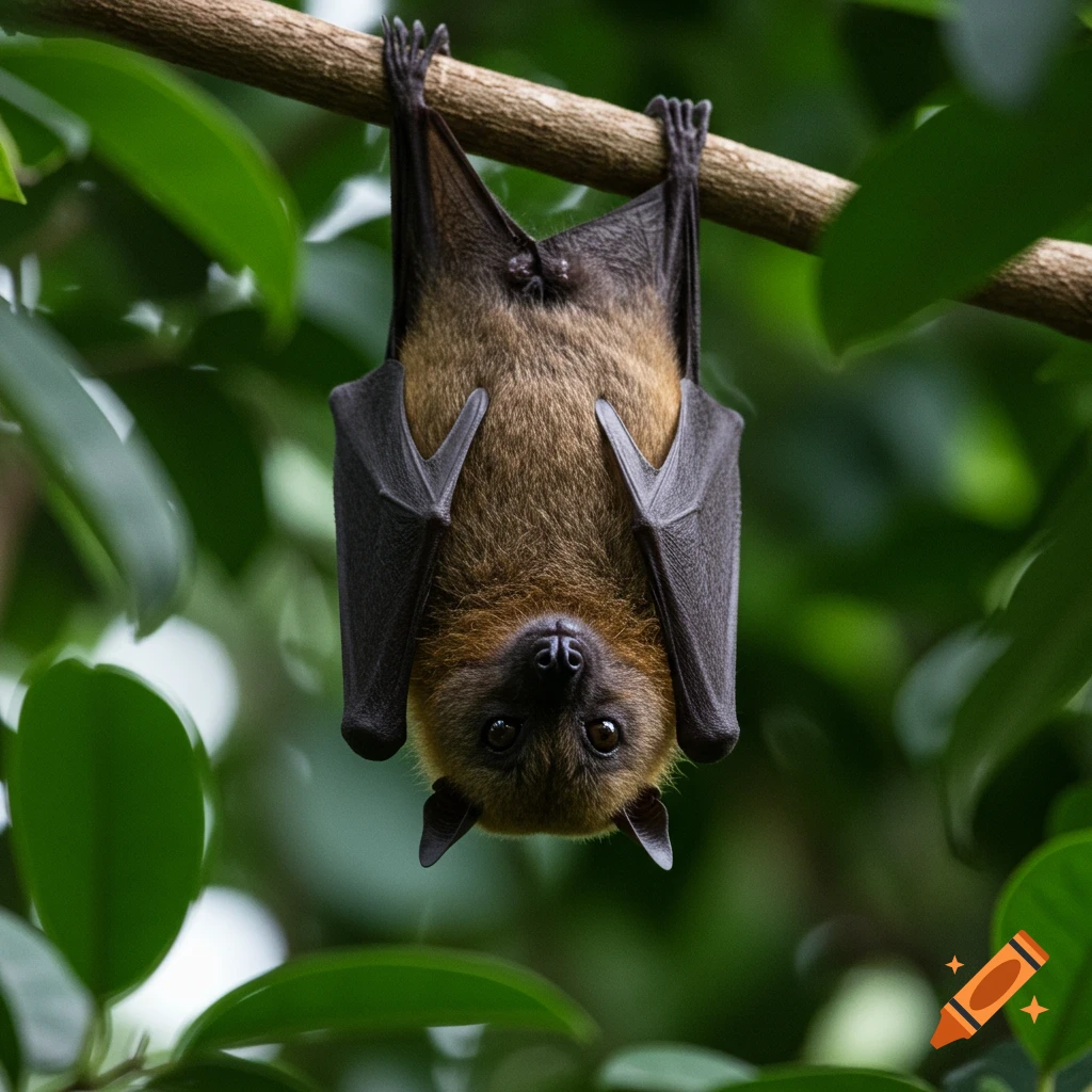 A furry brown bat with dark wings hangs upside down from a tree branch, looking directly at the viewer, surrounded by green leaves. Photorealistic.