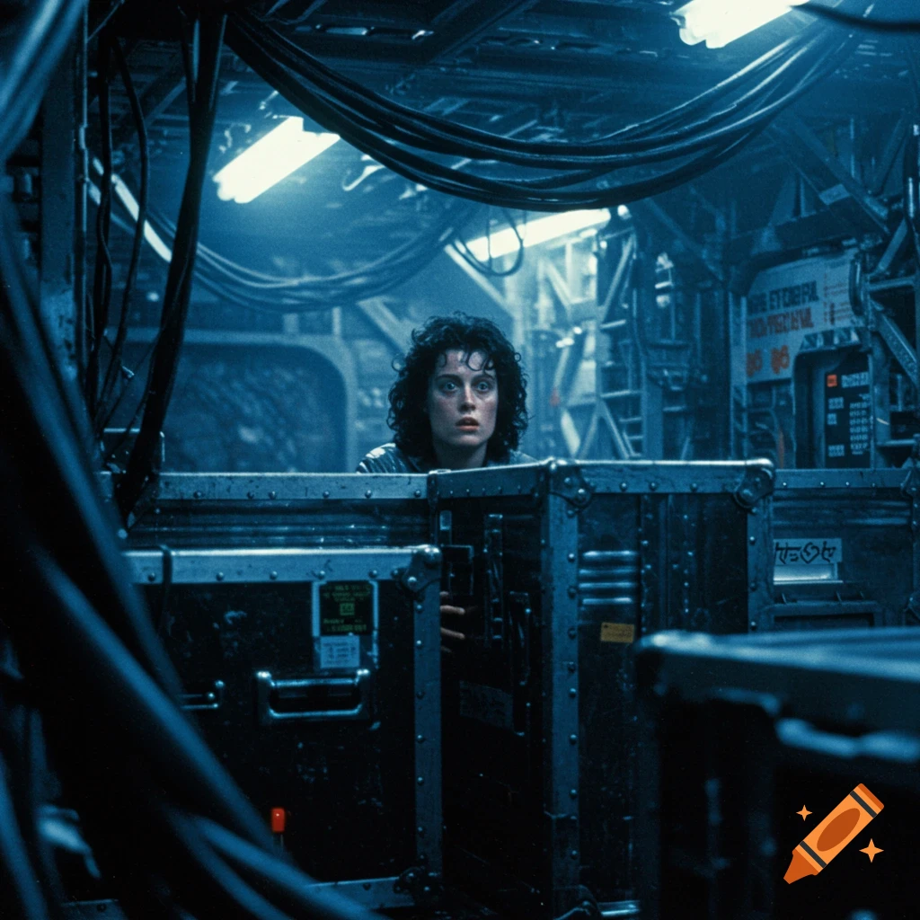 A tense, dark, blue-toned shot of a woman with curly hair peeking from behind industrial crates in a sci-fi setting.