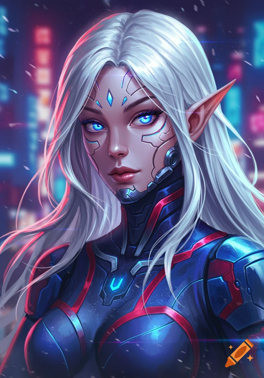 Close-up portrait of a sci-fi anime elf woman with white hair, glowing blue eyes, and cybernetic implants, wearing blue and red cyberpunk armor.