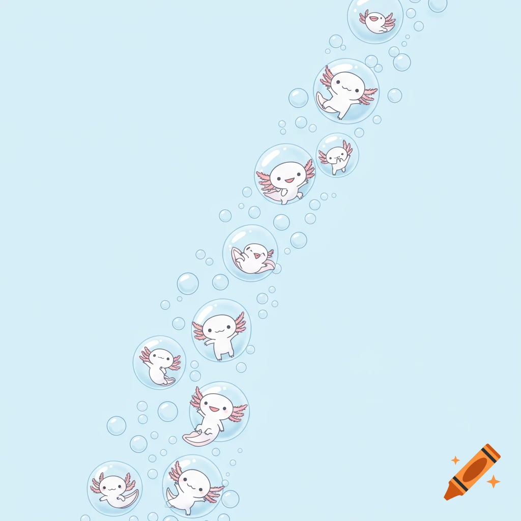 Cute cartoon axolotls in bubbles floating diagonally on a light blue background.