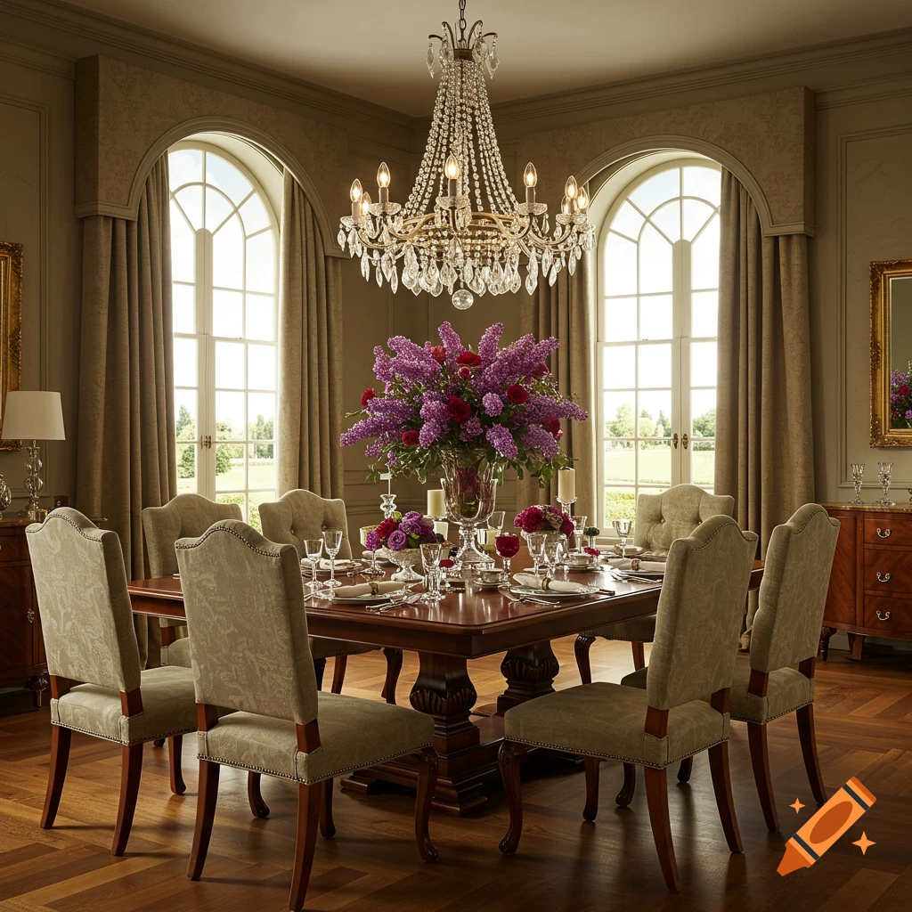 Elegant dining room with a polished wooden table, upholstered chairs, a crystal chandelier, and a large purple floral centerpiece.