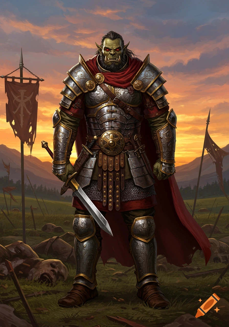 A half-orc warrior in ornate Roman-style armor with a red cape, holding a sword, stands on a battlefield at sunset.