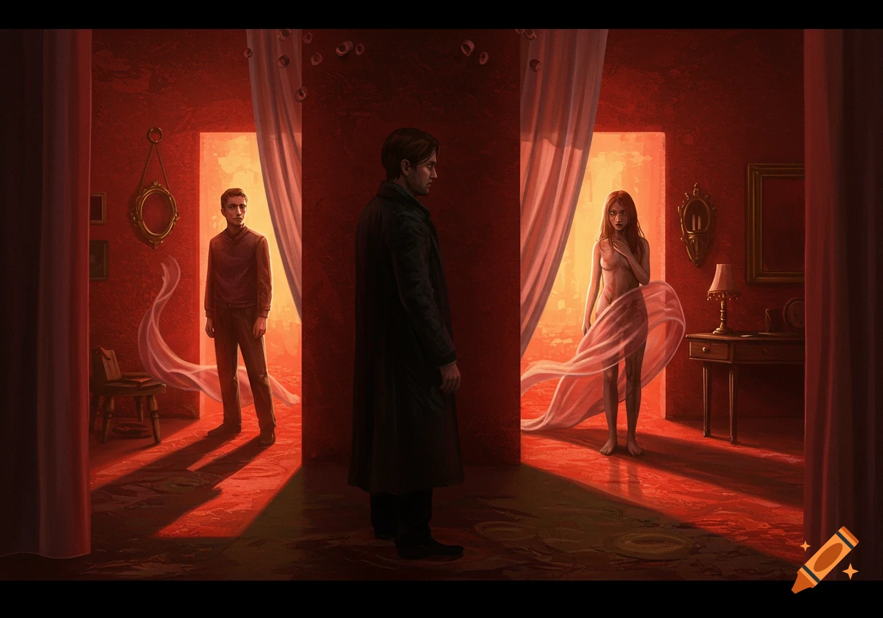 Three figures, two men and a partially draped woman, stand in a surreal, red-hued room with glowing doorways and flowing curtains.