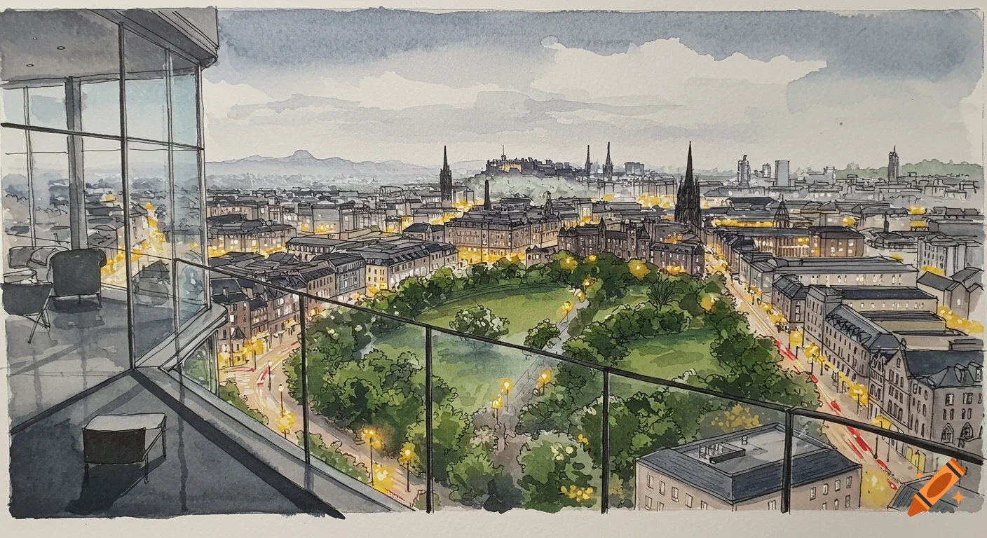 Watercolor sketch of Edinburgh Old Town at night, viewed from a modern glass building overlooking a city park.