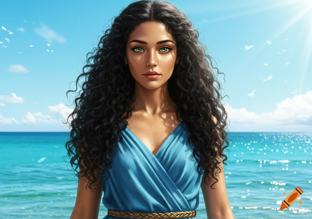 Beautiful woman with long black curly hair and green eyes in a blue chiton by a sparkling turquoise ocean.