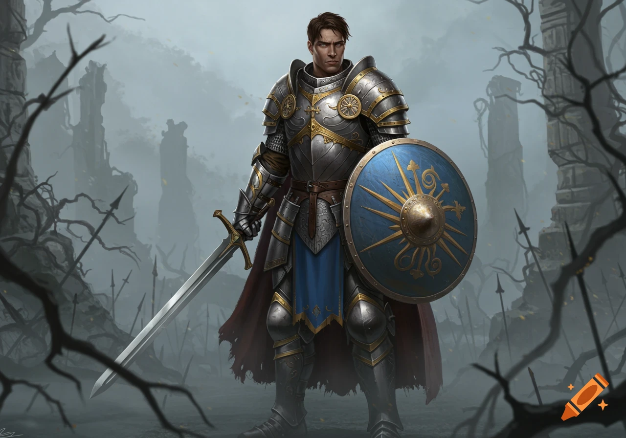 A stoic brown-haired male paladin in ornate silver and gold armor, holding a longsword and a blue shield, stands in a misty, ruined landscape.