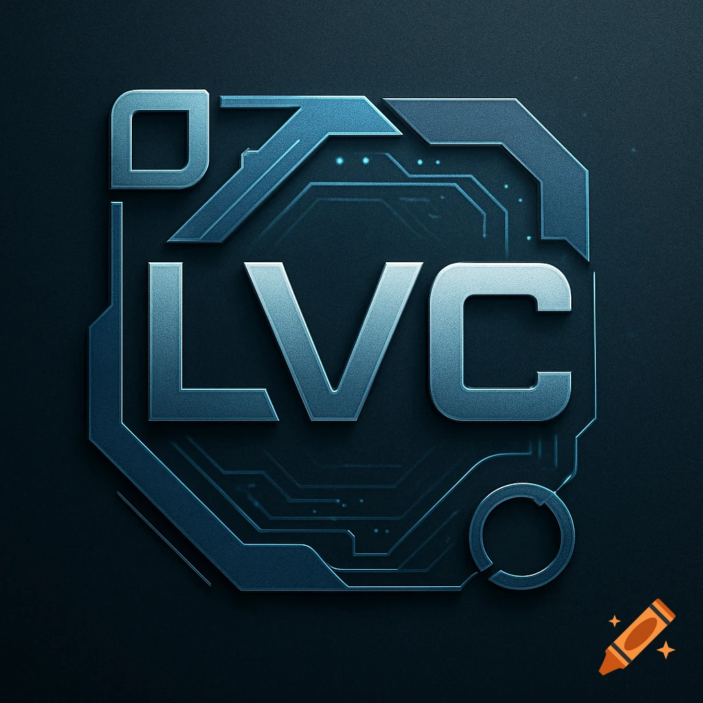 Metallic blue 3D logo with letters 'LVC' over a dark background with glowing circuit board patterns.