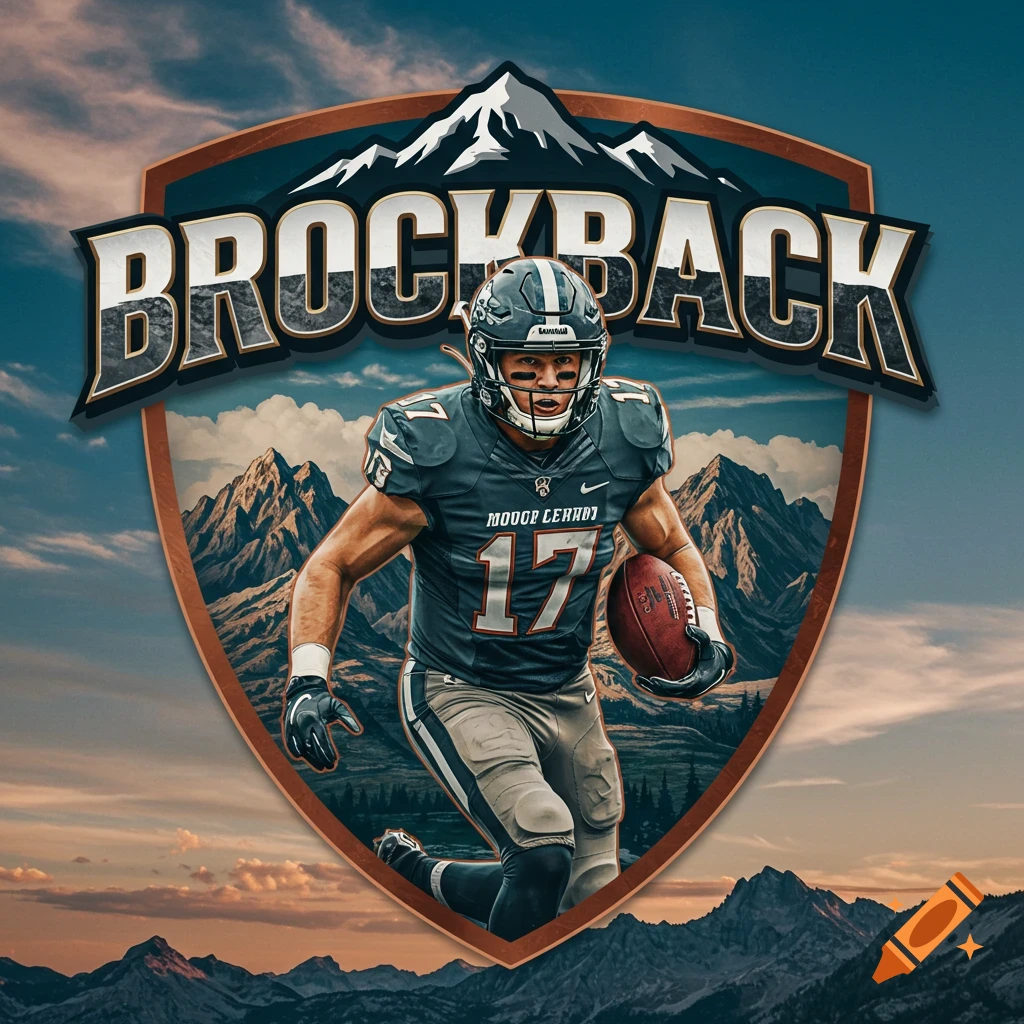 A football player in a dark blue uniform with number 17, holding a football, running within a shield-shaped logo featuring mountains and "BROCKBACK" text.