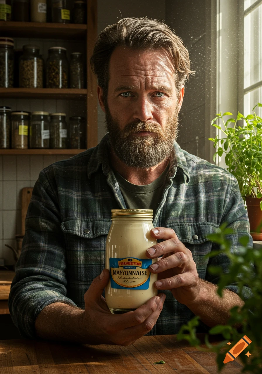 A rugged bearded man in a plaid shirt stands in a kitchen, holding a jar of mayonnaise with a blue label, looking at the viewer.