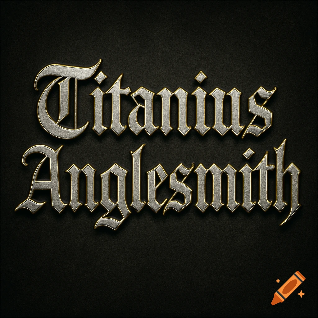 The name Titanius Anglesmith in a silver old English font with a thin gold outline, set against a dark textured background.