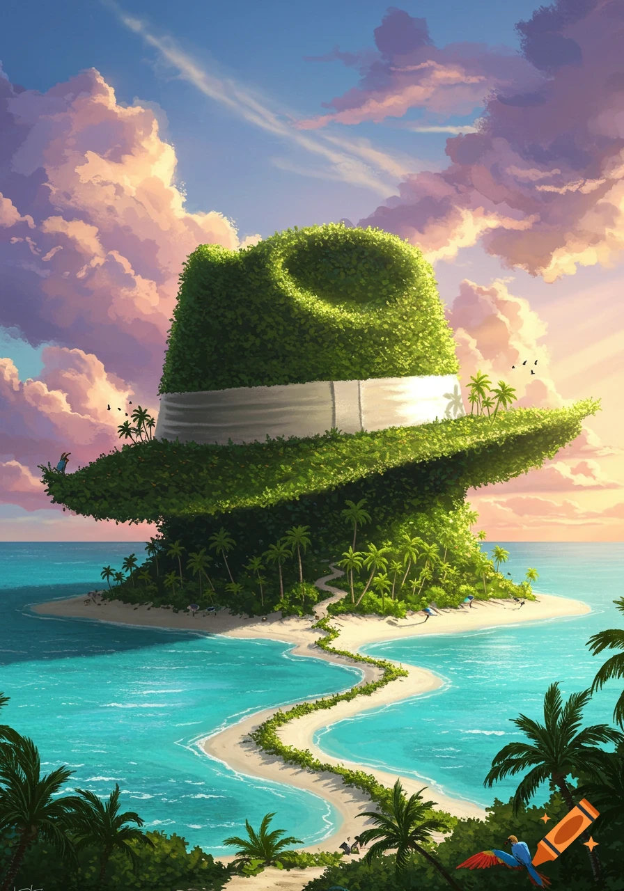 Vibrant fantasy island shaped like a fedora hat, surrounded by turquoise water and palm trees under a colorful sunset sky.