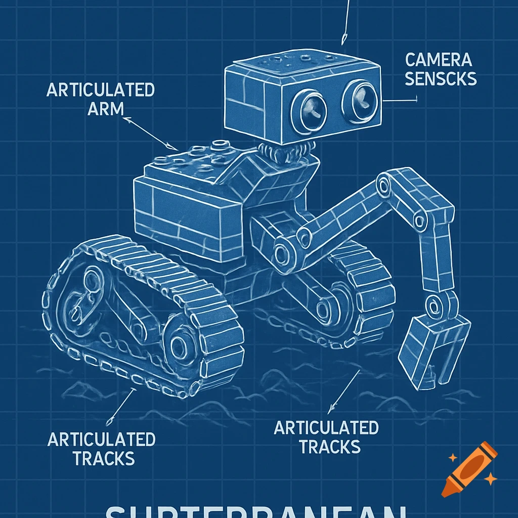 A blueprint-style drawing of a LEGO-like subterranean excavator robot with articulated tracks, an articulated arm, and camera sensors.