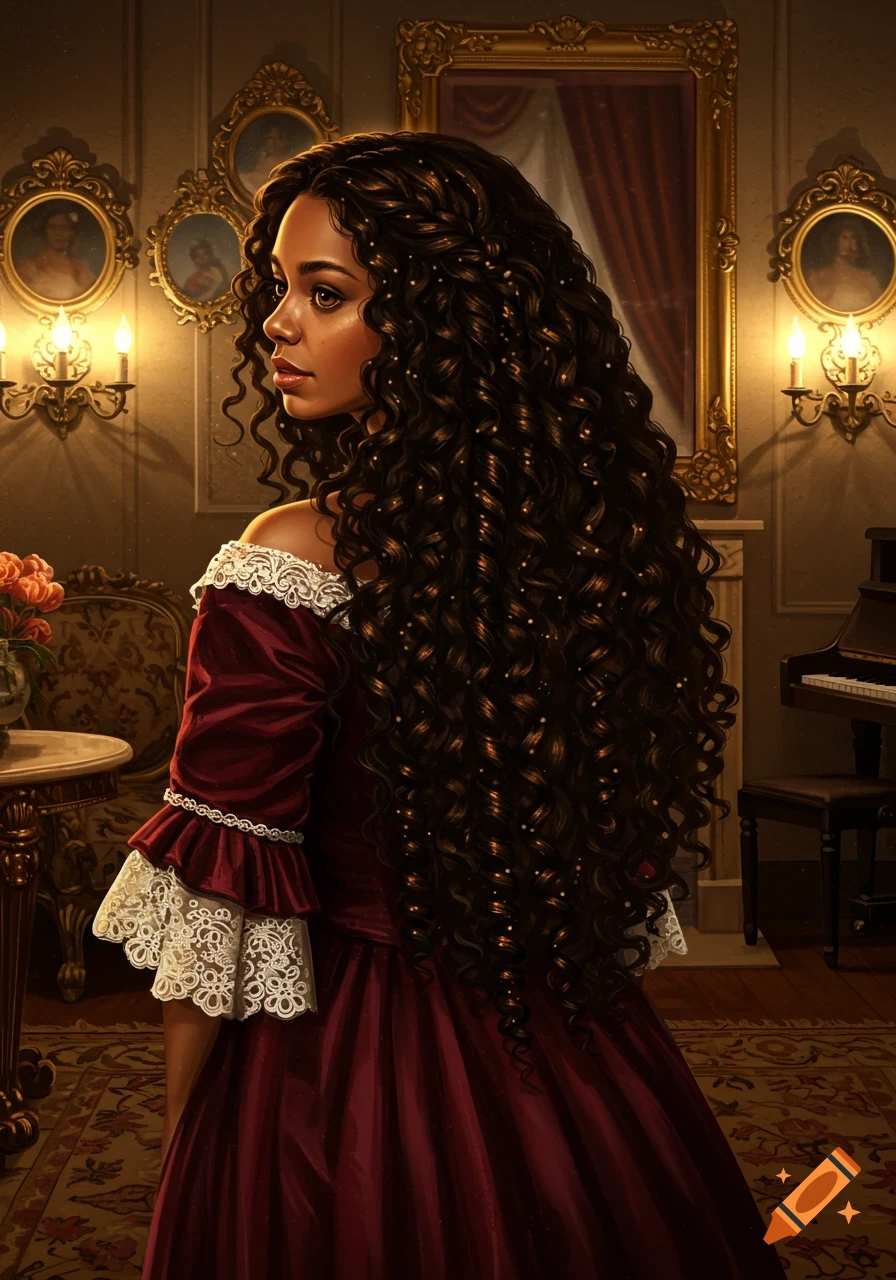 A mixed-race woman with long, dark curly hair and a red lace-trimmed gown stands in an ornate, dimly lit vintage room.