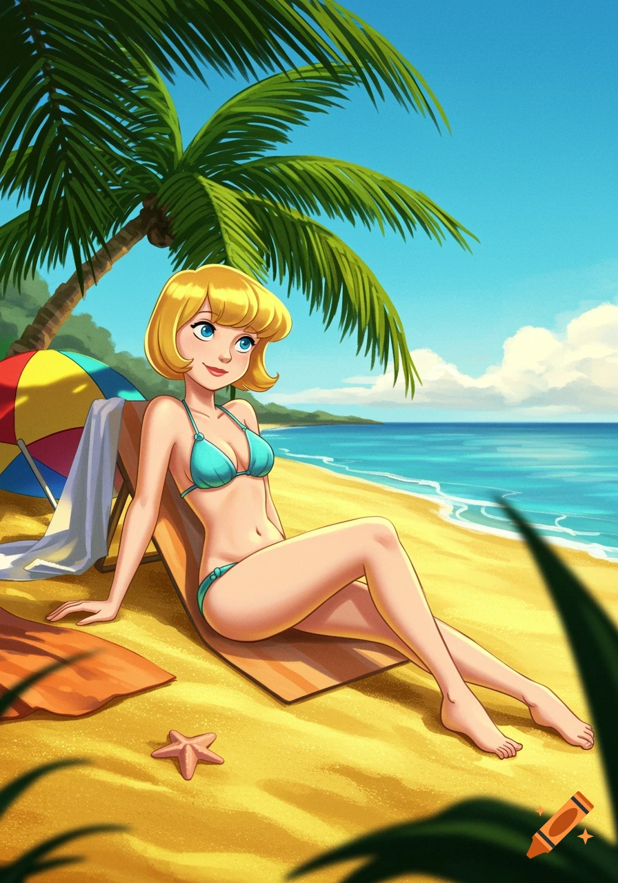 Cartoon of Penny from Inspector Gadget in a teal bikini, sitting on a beach chair under a palm tree on a sunny tropical beach.