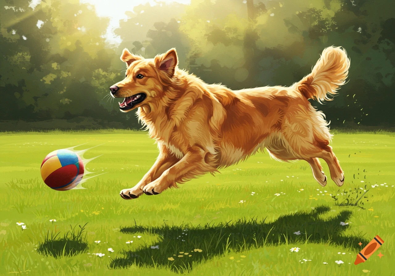 A happy golden retriever dog runs and jumps to chase a colorful ball in a bright, sunny grassy park, illustrated style.