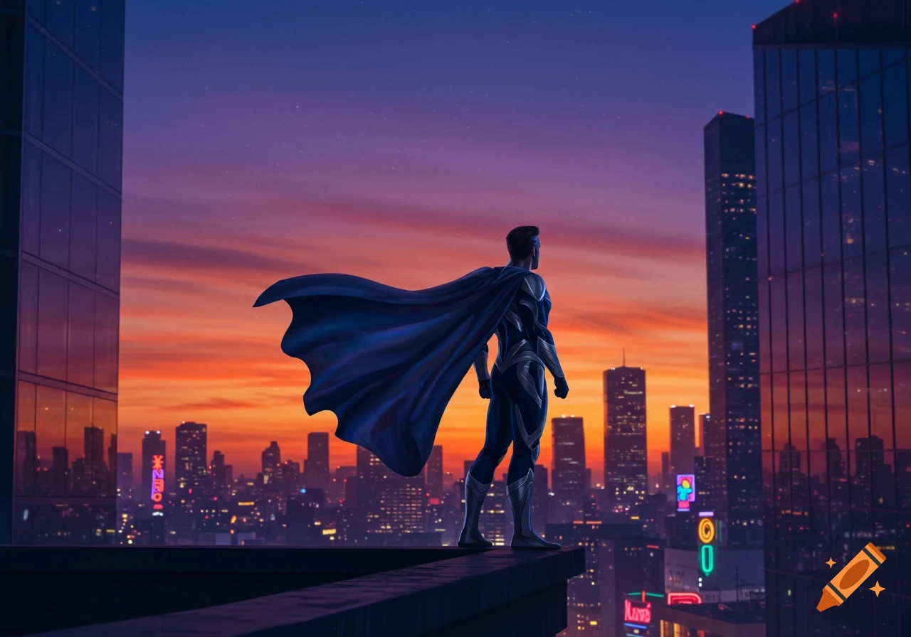 Male superhero in a blue suit and cape stands on a skyscraper, overlooking a vibrant city skyline at sunset.