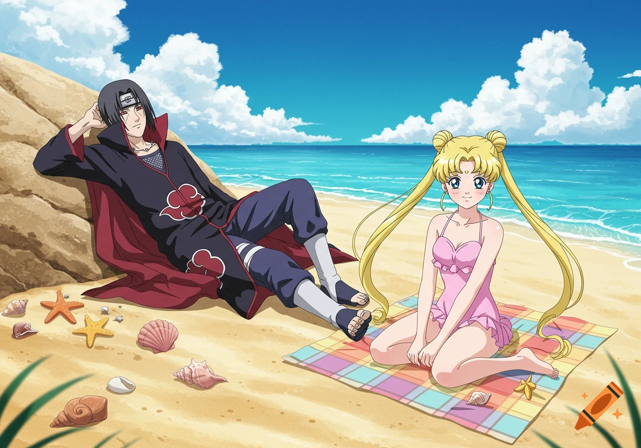 Anime characters Itachi Uchiha in his Akatsuki robe and Usagi Tsukino in a pink swimsuit relax on a sunny beach.