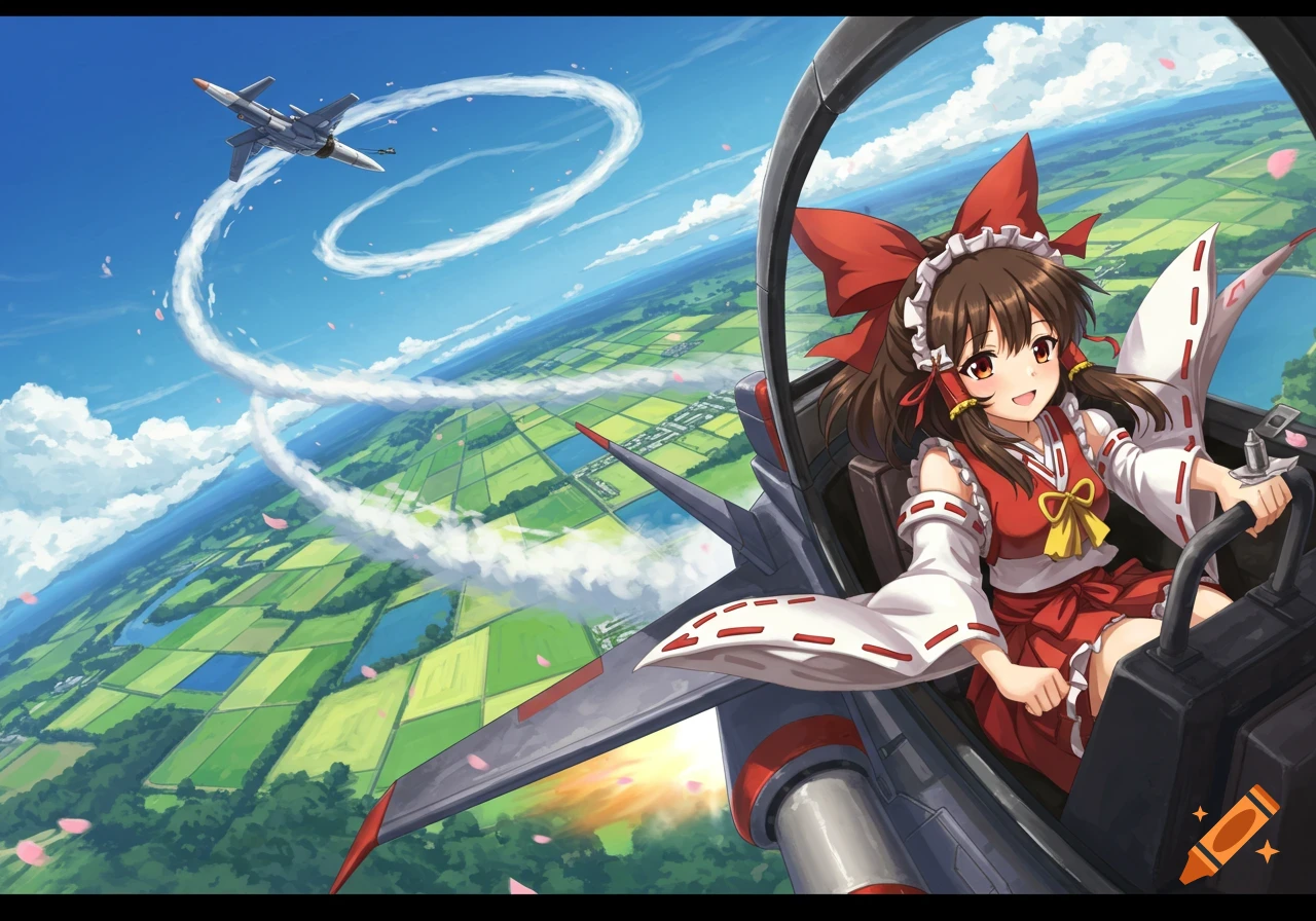 Anime girl Reimu Hakurei smiles while flying a jet plane above green fields as another plane makes contrails in the blue sky.