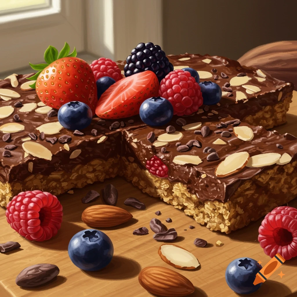 Vibrant chocolate flapjacks topped with strawberries, raspberries, blueberries, and almonds on a wooden surface.