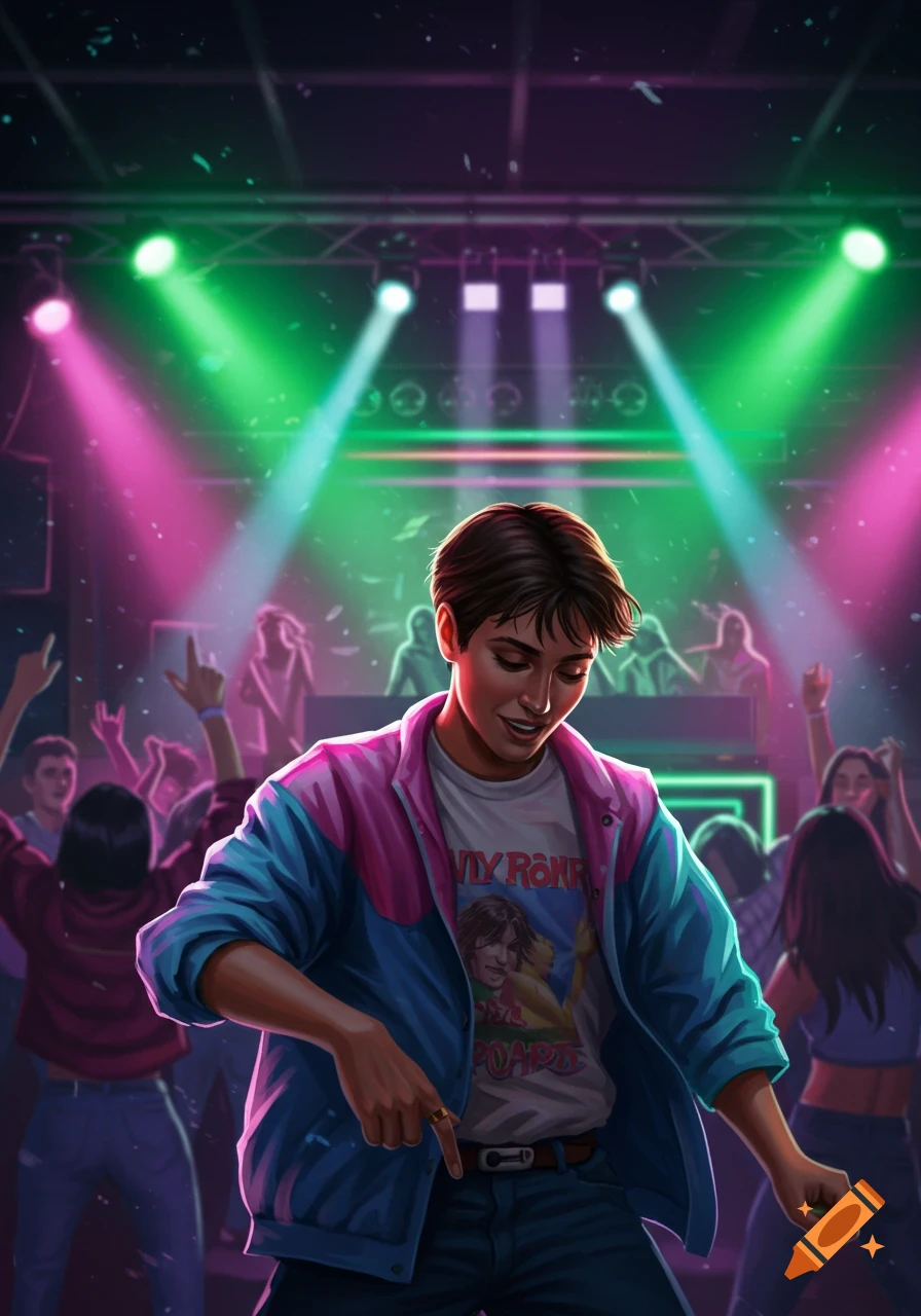 A digitally illustrated person in 90s club attire, wearing a neon jacket and graphic tee, dancing in a vibrant nightclub with colorful lights.