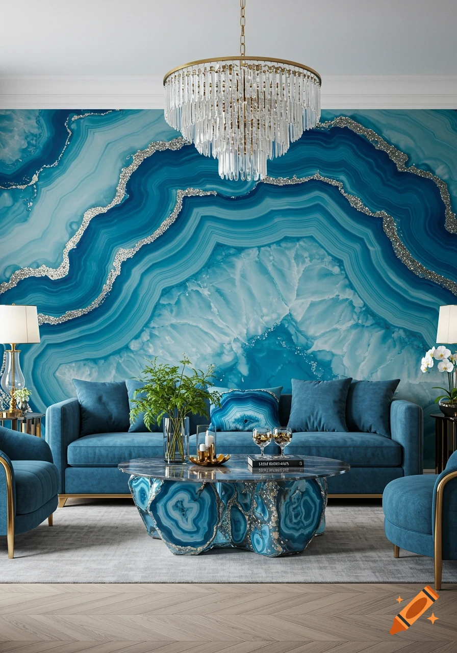 Luxurious living room with blue agate geode-inspired wallpaper and coffee table, blue velvet sofa, and crystal chandelier.