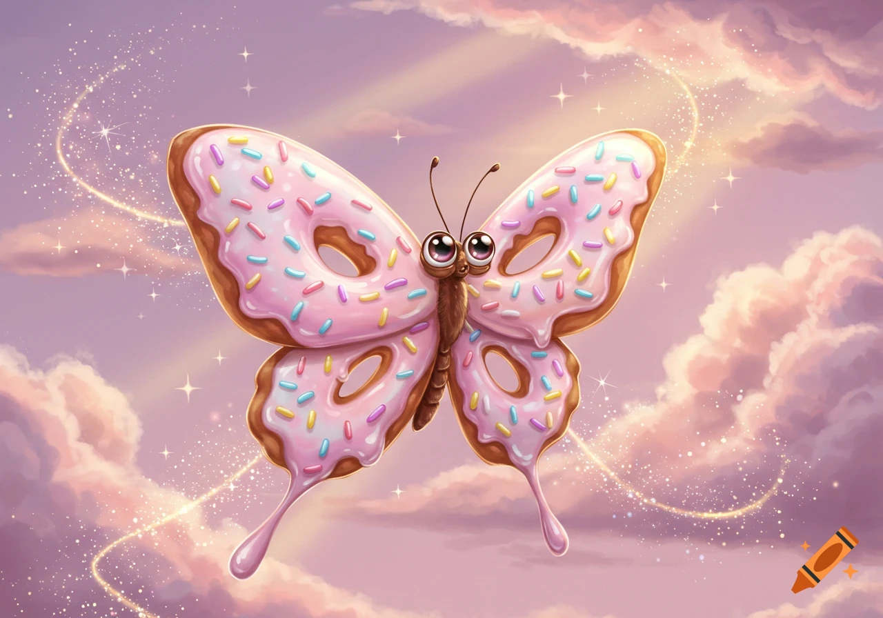 A whimsical cartoon butterfly with pink donut wings and colorful sprinkles flies in a magical sky with sparkling clouds.