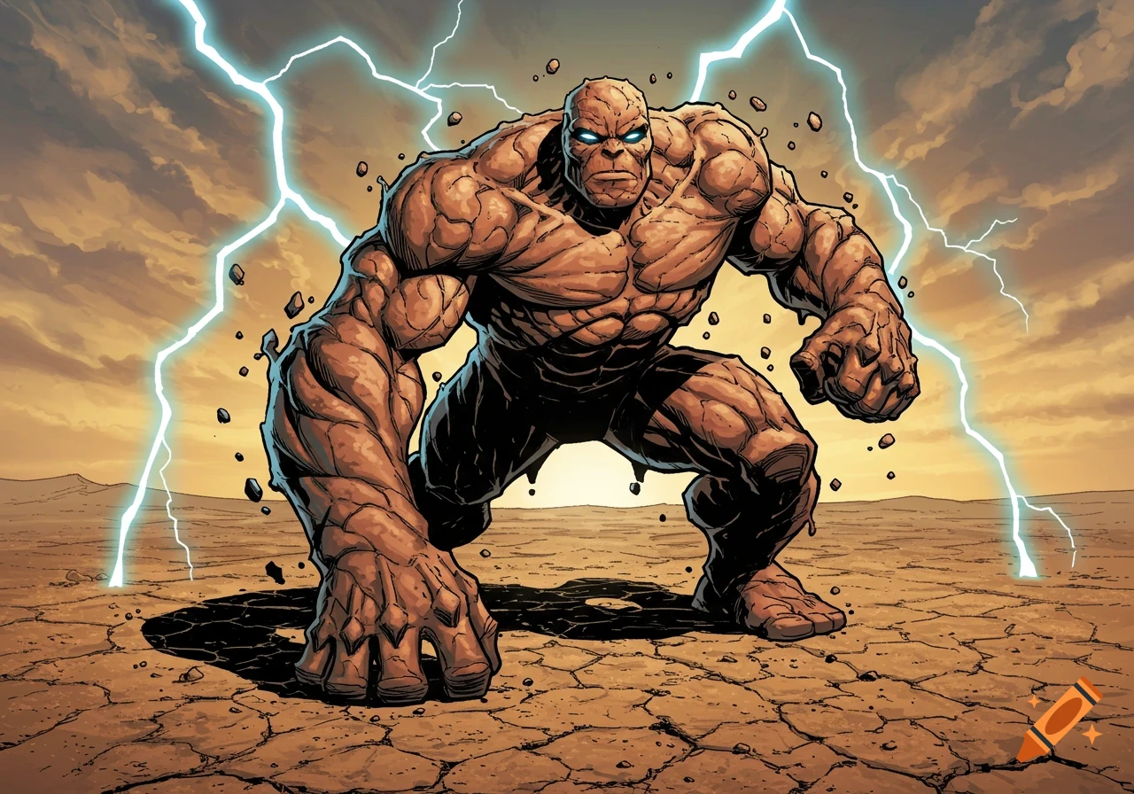 A muscular, rock-skinned elemental hero crouches on cracked earth under a stormy sky with lightning, in a comic book art style.