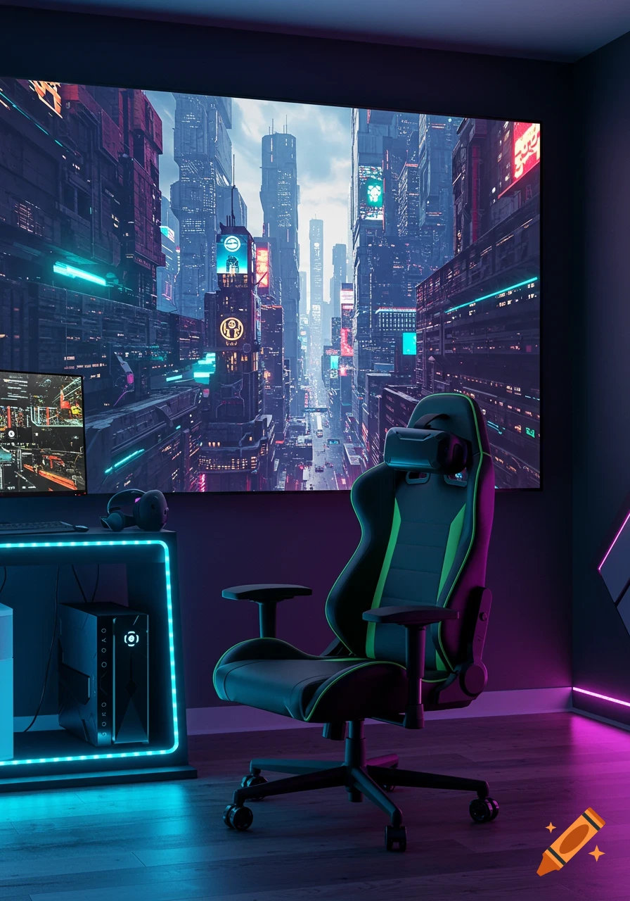 A gaming setup with a green and black gaming chair, a desk with a PC and VR headset, and a large screen displaying a vibrant cyberpunk city.