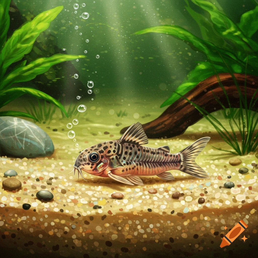 A colorful Sterbai Corydoras fish with spotted markings rests on gravel in a clear aquarium with green plants and bubbles.