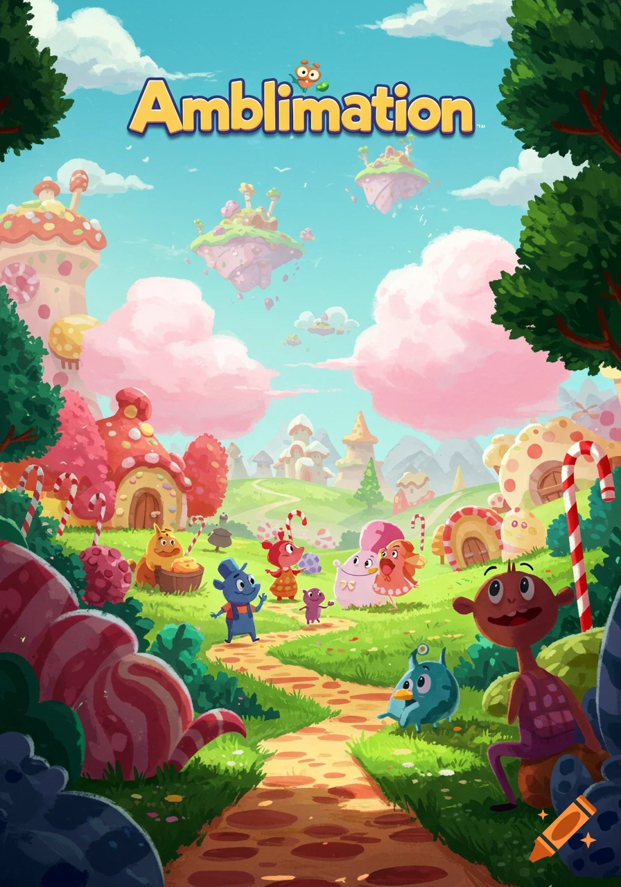 Colorful cartoon illustration of a candy-themed fantasy land with whimsical characters and mushroom houses, titled 'Amblimation'.