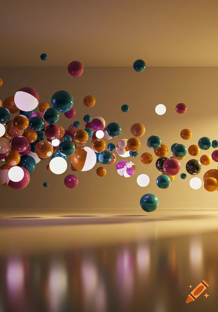 A photorealistic 3D render of many colorful, reflective spheres floating and clustered in a warm, softly lit room with a reflective floor.