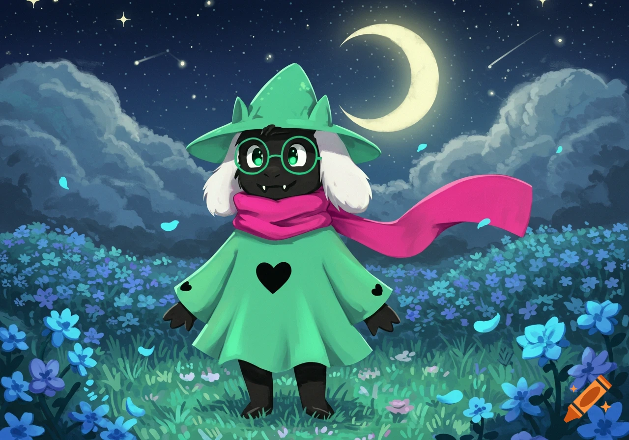 A black, goat-like prince in a green hat and pink scarf stands in a field of blue flowers at night under a crescent moon.