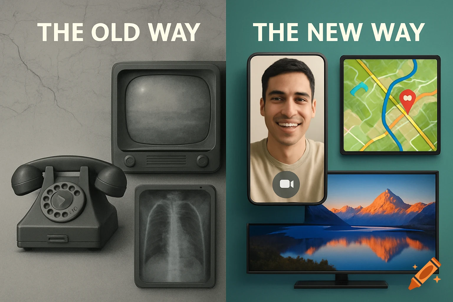 Split image comparing old and new technologies: old TV, rotary phone, X-ray in grayscale on left; modern smartphone video call, GPS map, HD monitor with landscape in color on right.