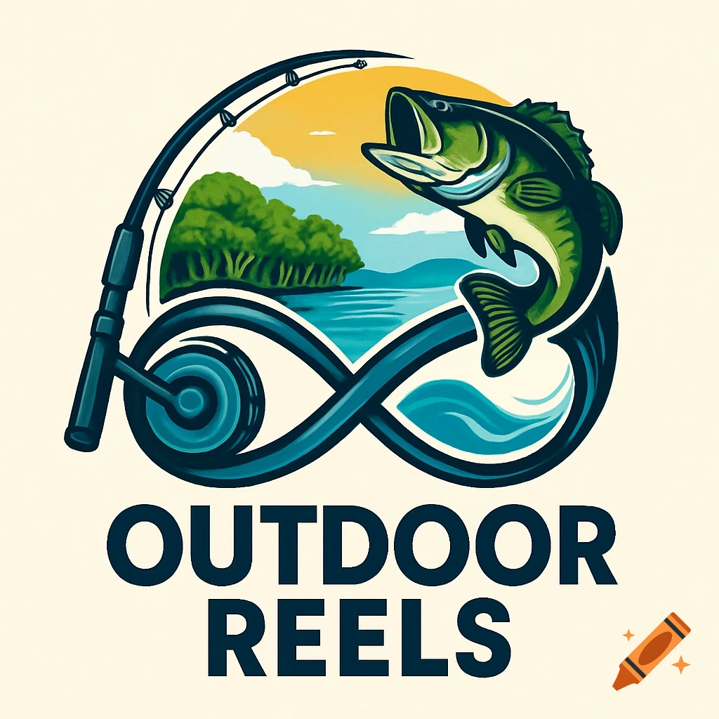 A stylized digital art logo featuring a bass fish jumping, a fishing rod, and a landscape with trees and water. Text reads 'OUTDOOR REELS'.