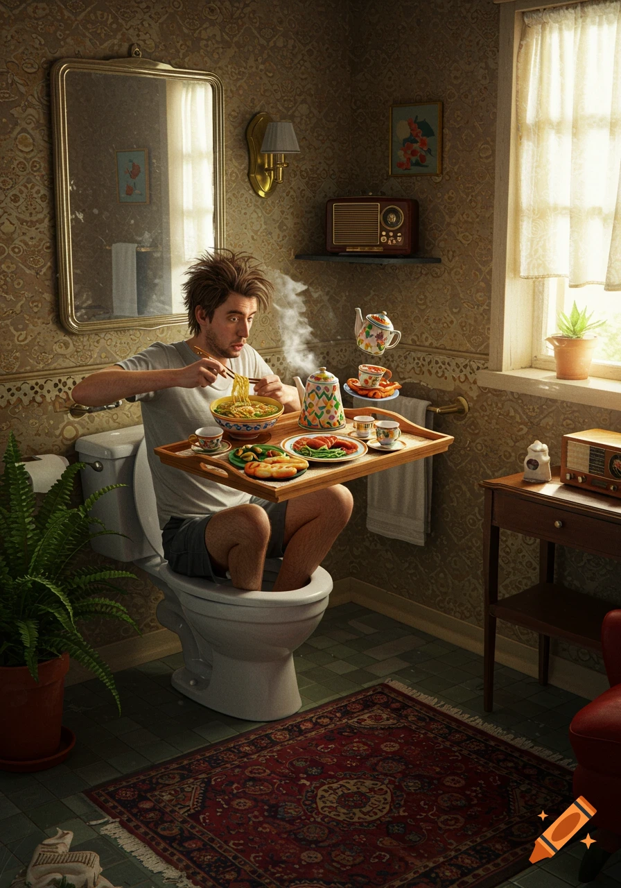 A man with messy hair eats from a floating tray while sitting on a toilet with his legs in the bowl, in a vintage bathroom.