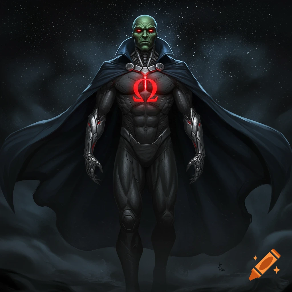 A muscular cyborg character with green skin and red eyes wears a black uniform and cape with a glowing red omega symbol on his chest, against a starry sky.