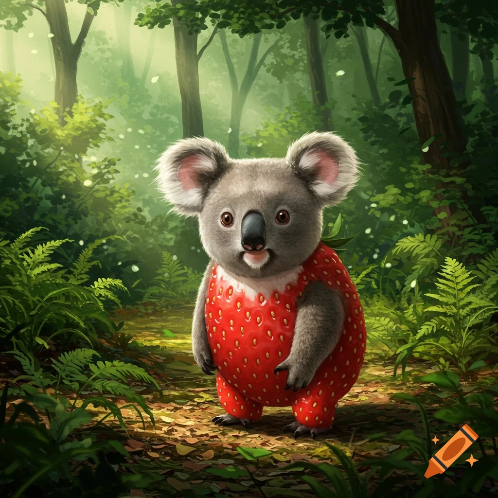A cute koala with a red strawberry-patterned body stands in a lush green forest path. Digital art.