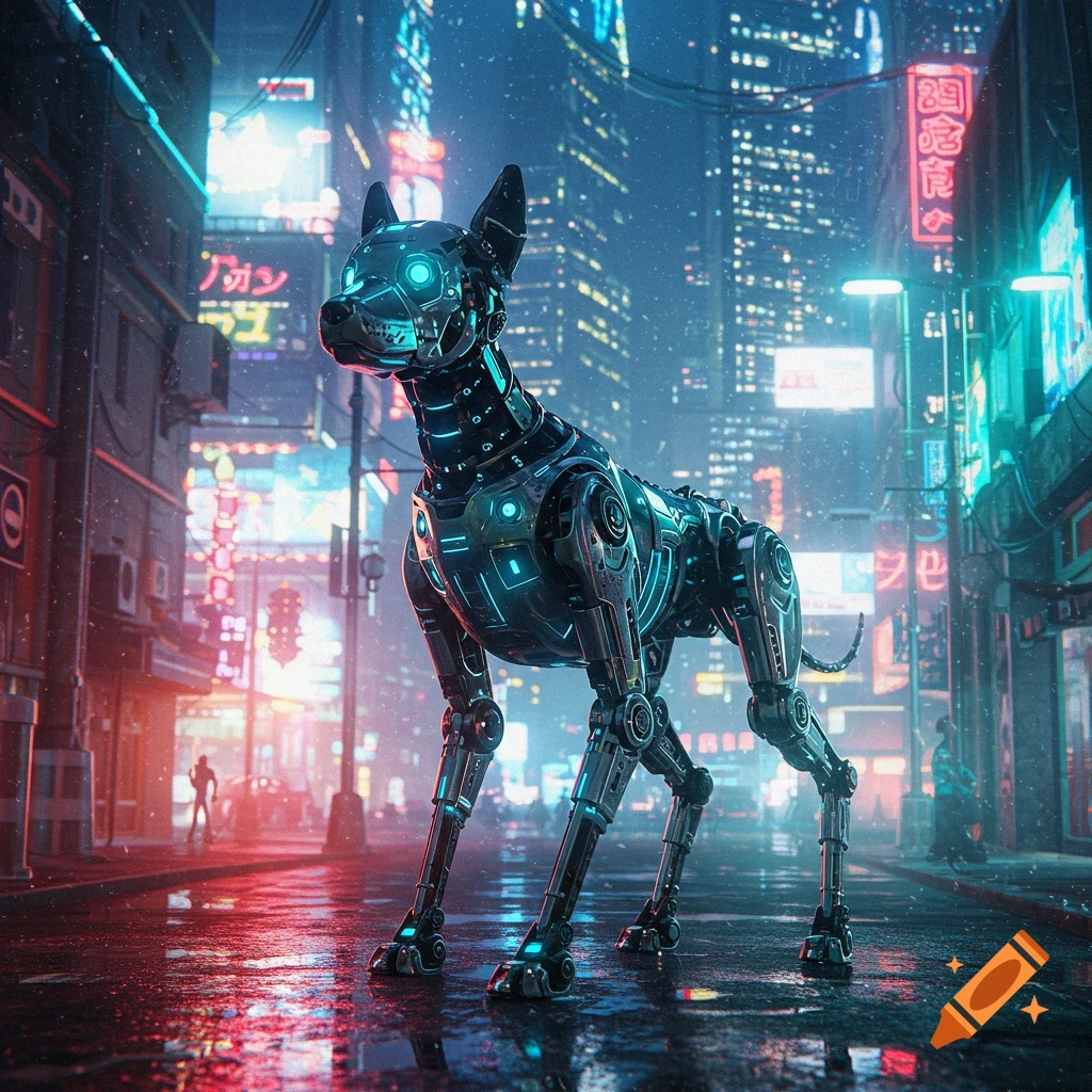 A sleek, black and glowing blue robot dog stands on a wet, neon-lit street in a futuristic cyberpunk city.