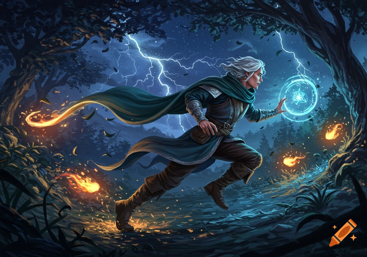 A white-haired male sorcerer runs through a dark forest, casting a blue magic spell as lightning strikes above.